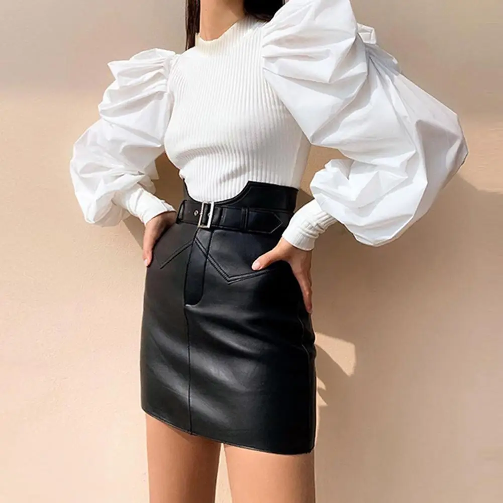 

Fashion Women Polyester Solid Color O Neck Long Lantern Sleeve Knit Ribbed Blouse Slim Pullover sudadera mujer